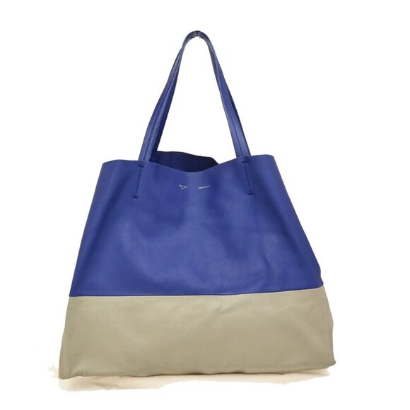 CELINE Logo Horizontal Bi-Cabas Shoulder Tote Bag Leather Blue Gray 82FC123 - Picture 1 of 15